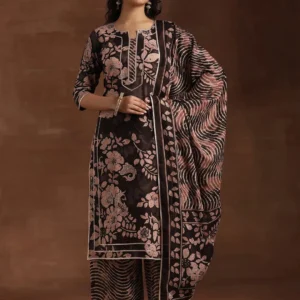 Women Black Printed Cotton Straight Suit With Dupatta