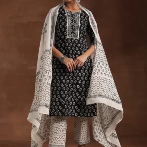 Women Black Printed Cotton Straight Suit With Dupatta