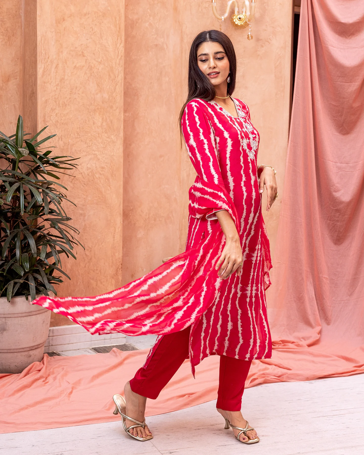 Women Red Tie-Dye Embroidered Suit Set - Image 4