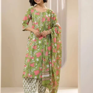 Women Green Printed Cotton Straight Suit Sets With Dupatta