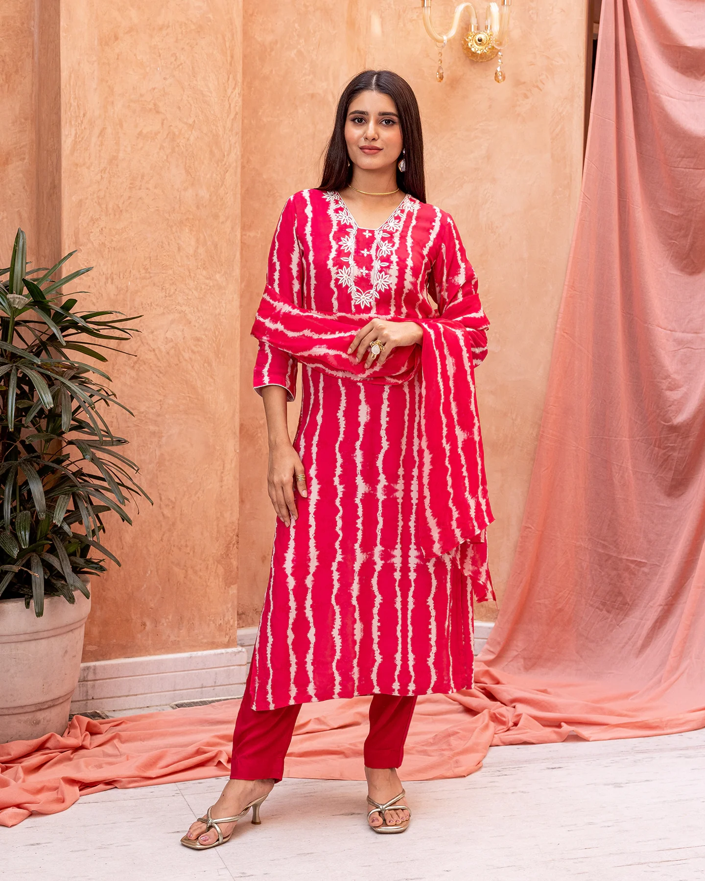 Women Red Tie-Dye Embroidered Suit Set