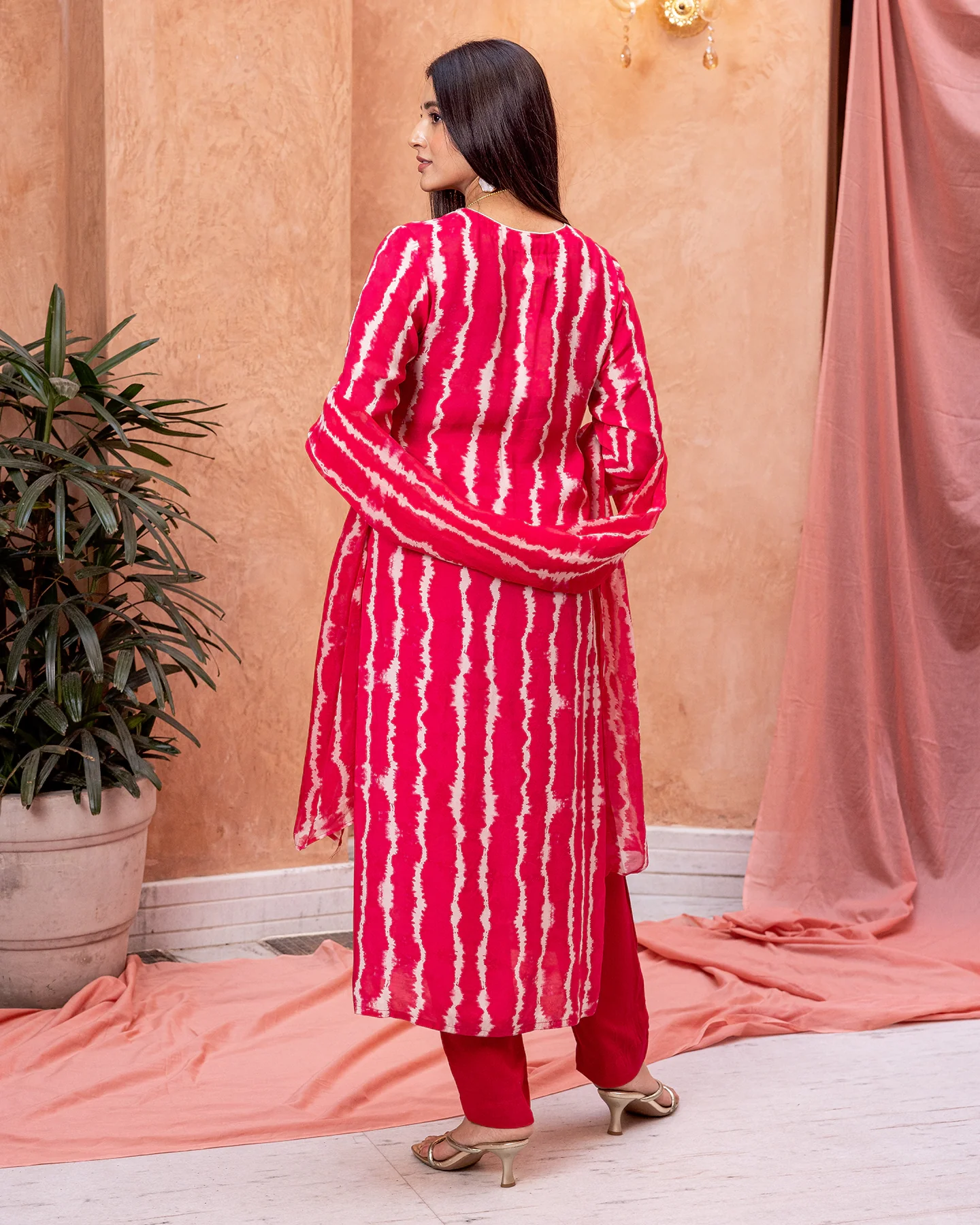 Women Red Tie-Dye Embroidered Suit Set - Image 2