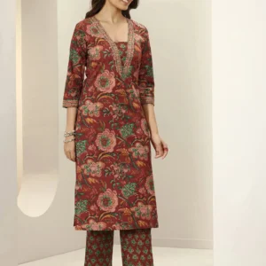 Women Maroon Printed Cotton Straight Suit Sets With Dupatta