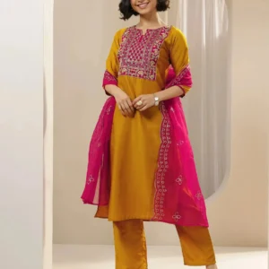 Women Mustard Embroidered Silk Blend Straight Suit Sets With Dupatta