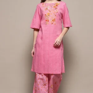 Women Pink Cotton Straight Kurta Palazzo Suit Set