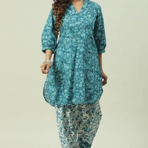 Women Teal Blue Cotton Straight Kurta Relaxed Salwar Suit Set