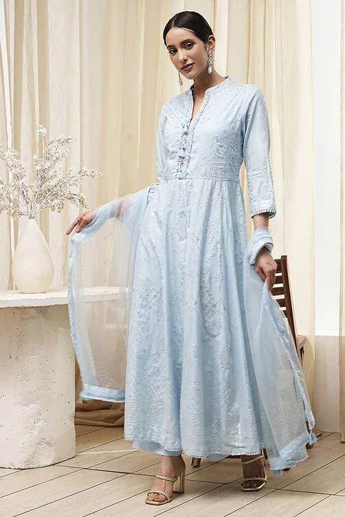 Women Powder Blue Cotton Embellished Anarkali Suit Set - Image 6