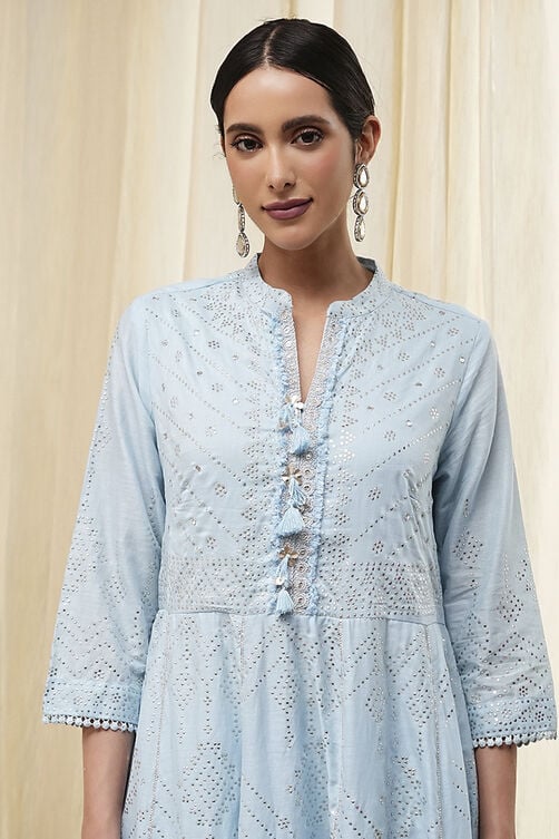 Women Powder Blue Cotton Embellished Anarkali Suit Set - Image 5