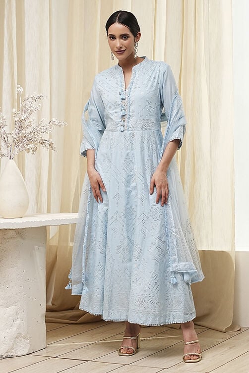 Women Powder Blue Cotton Embellished Anarkali Suit Set